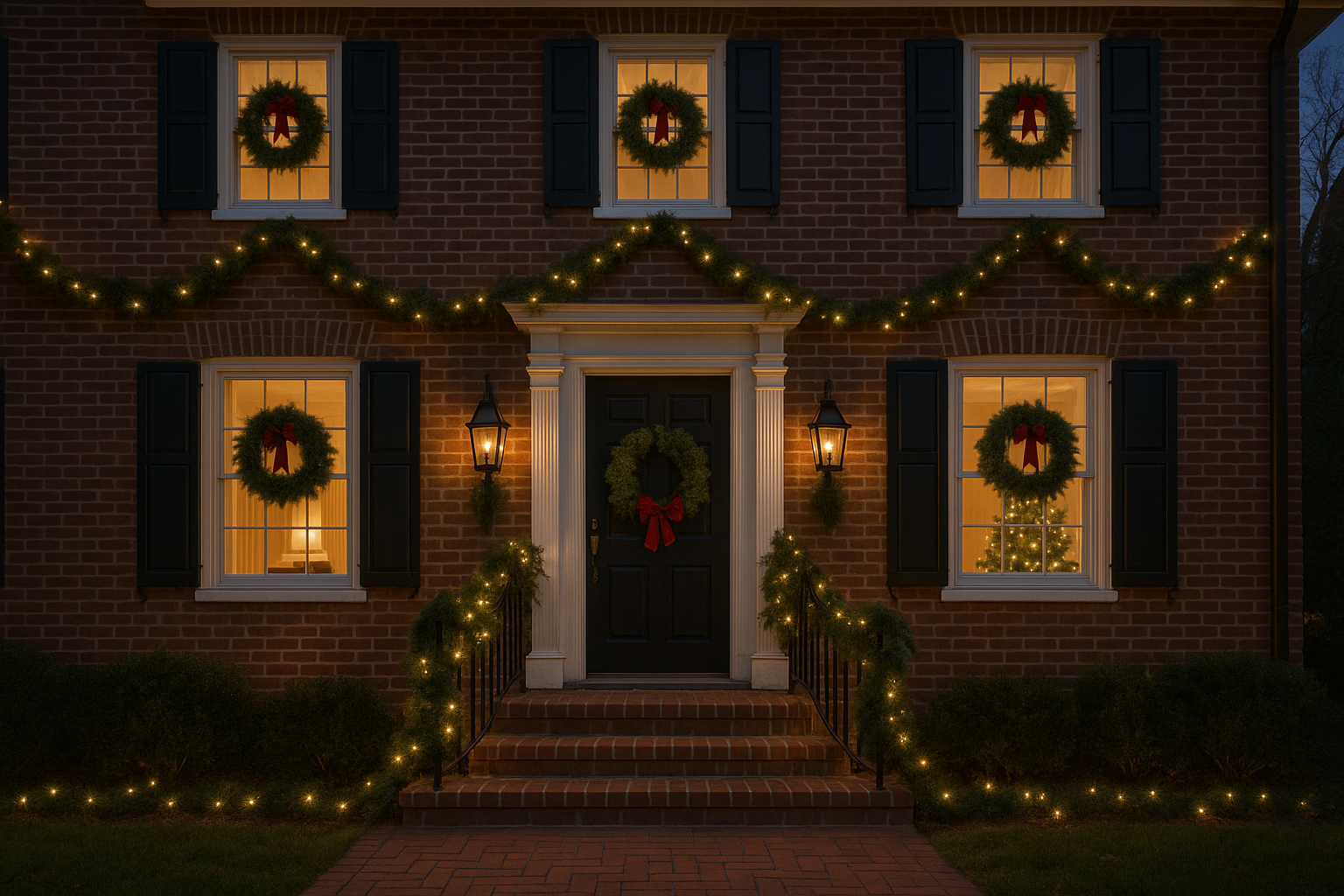 A two-story brick colonial home decorated for Christmas with evergreen garlands and wreaths on each window and the front door