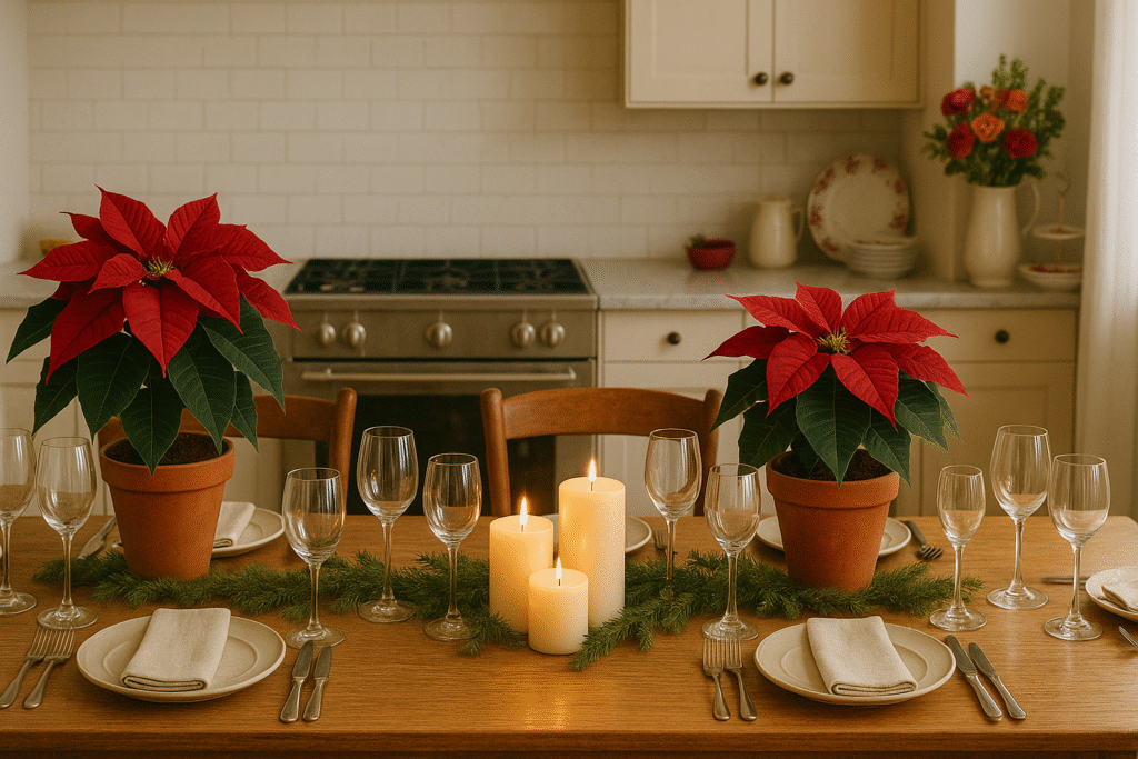 Holiday dining table with poinsettias and candles