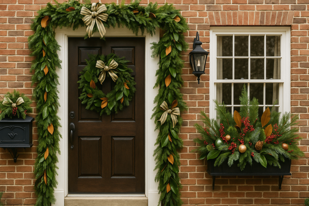 Front door with a garland of evergreens and magnolia, a decorated mailbox, and a window box filled with greenery and ornaments