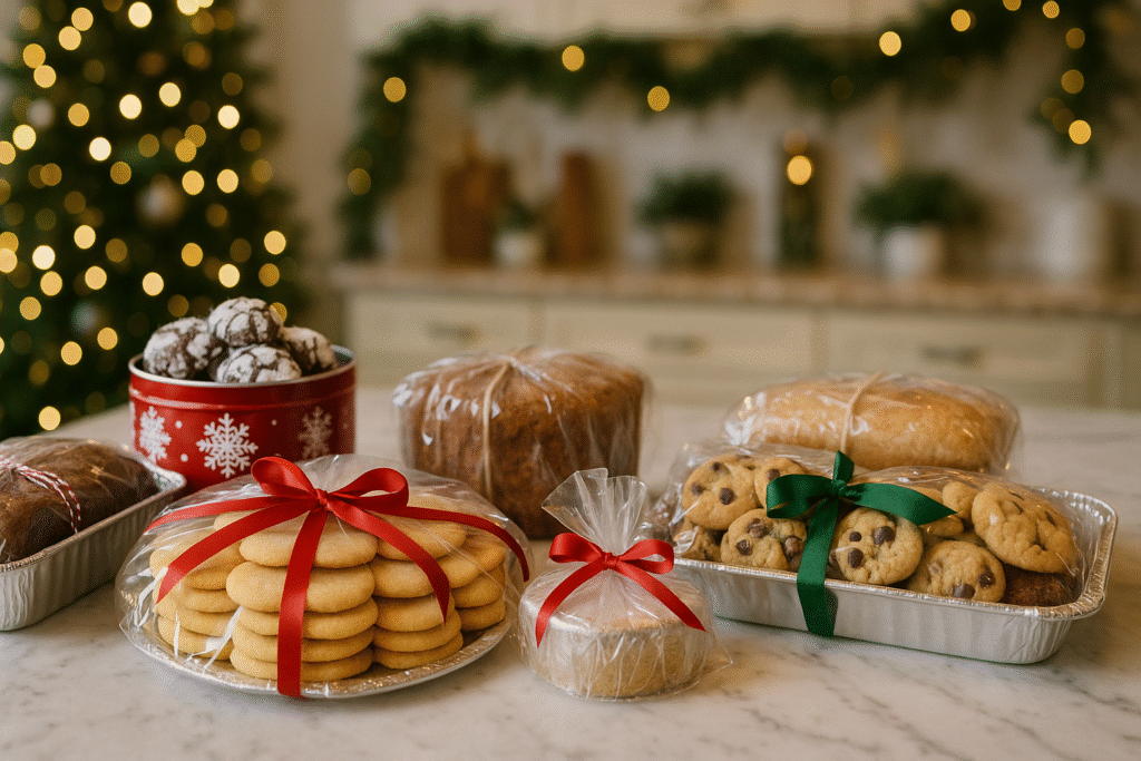 Kitchen counter with cookies, cakes, and breads wrapped for gifting in tins and paper, decorated with ribbon