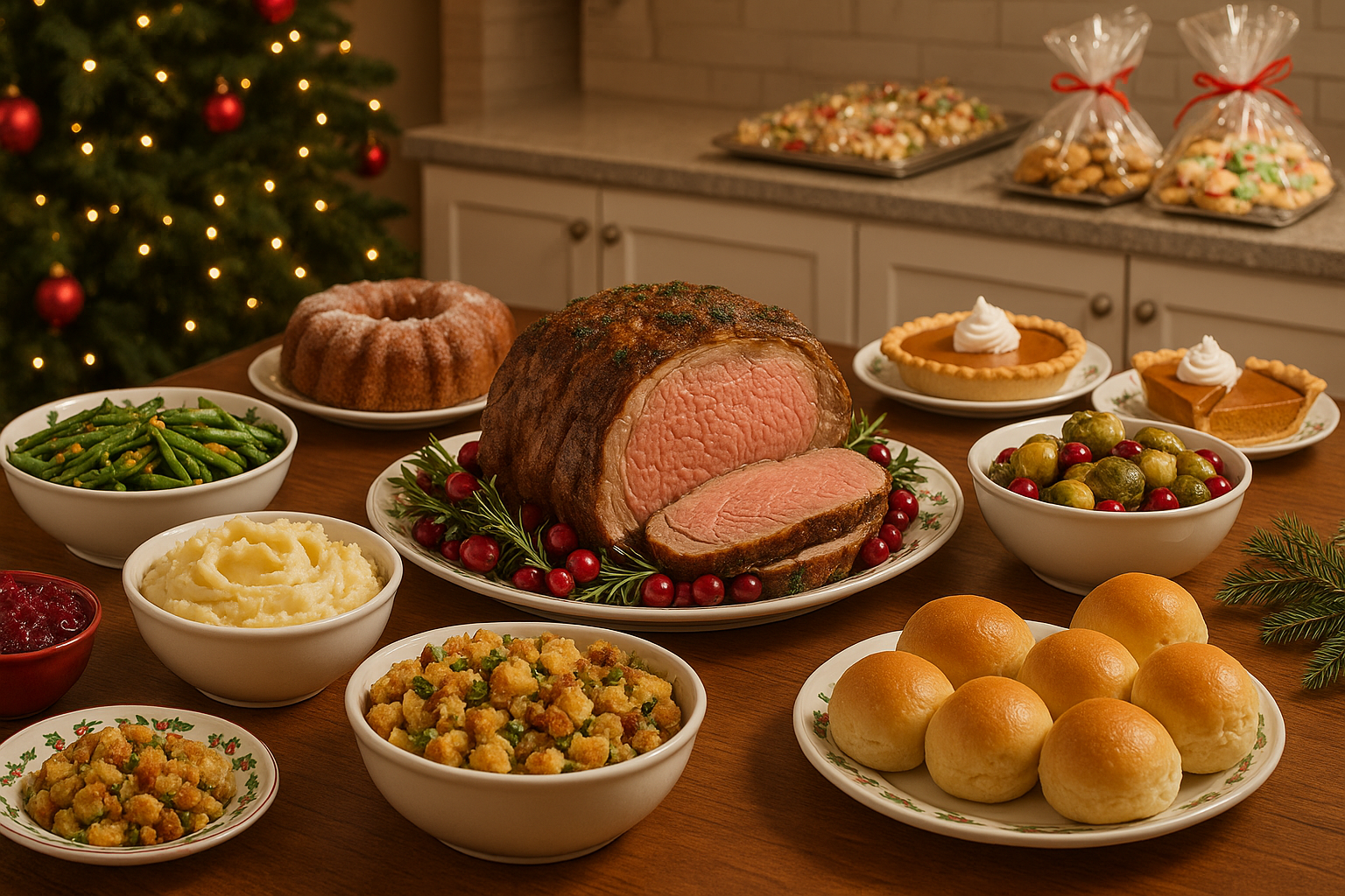 Christmas dinner table with a roast, side dishes, breads, desserts, and cookies wrapped for gifting.