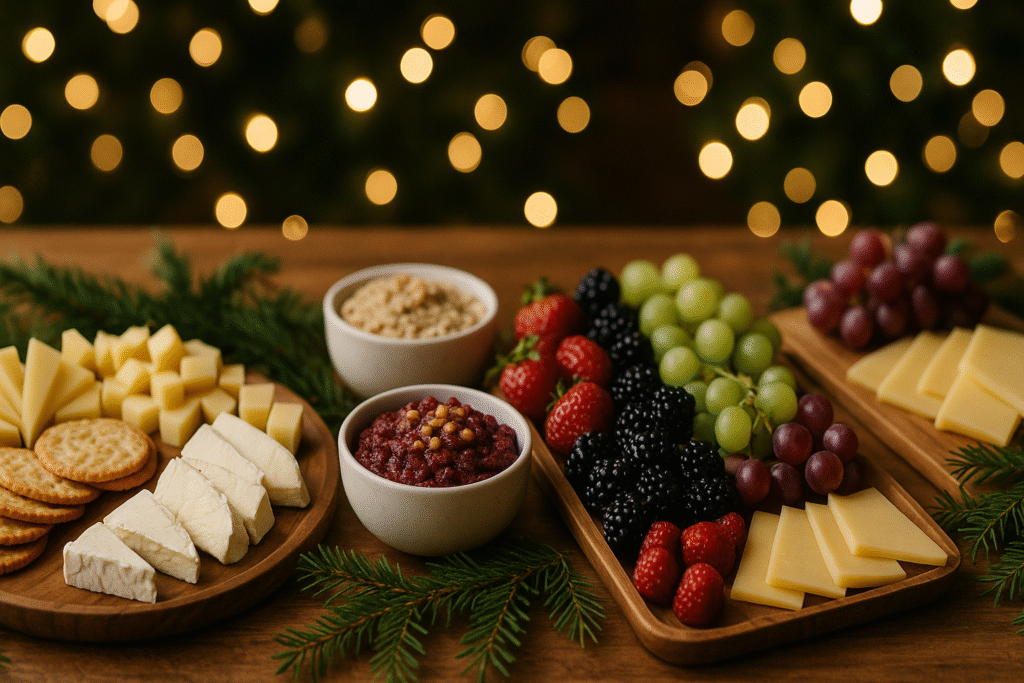 Holiday appetizer spread with cheese boards, fruit trays, and nut-based spreads