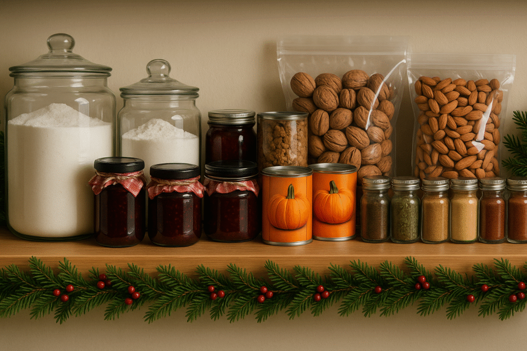 November Preparation Kitchen pantry shelf stocked with sugar, jam, canned pumpkin, nuts, and spices