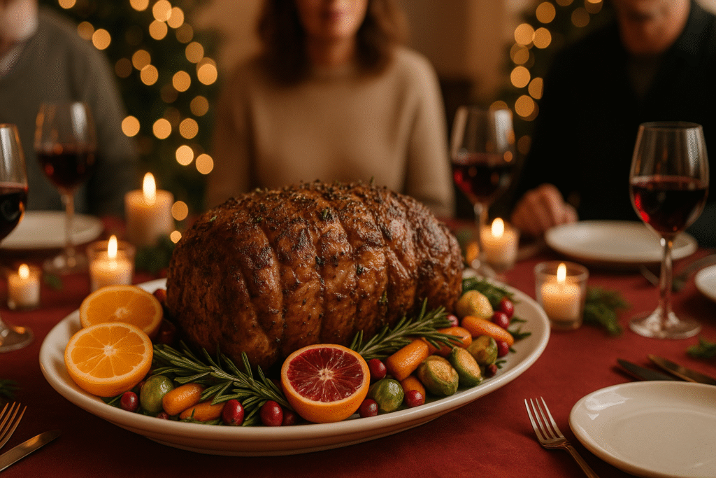 Christmas dinner table with a large roast seasoned with herbs and spices, garnished with citrus and vegetables