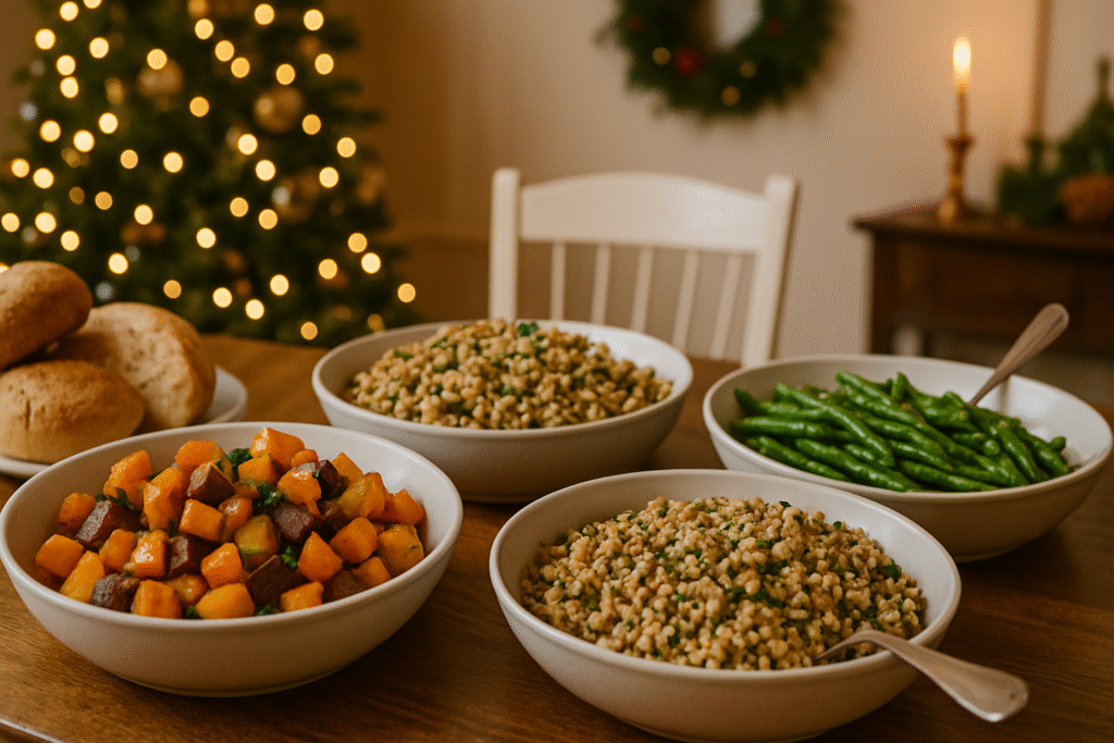 Holiday buffet table with side dishes including roasted vegetables, grains, and bread