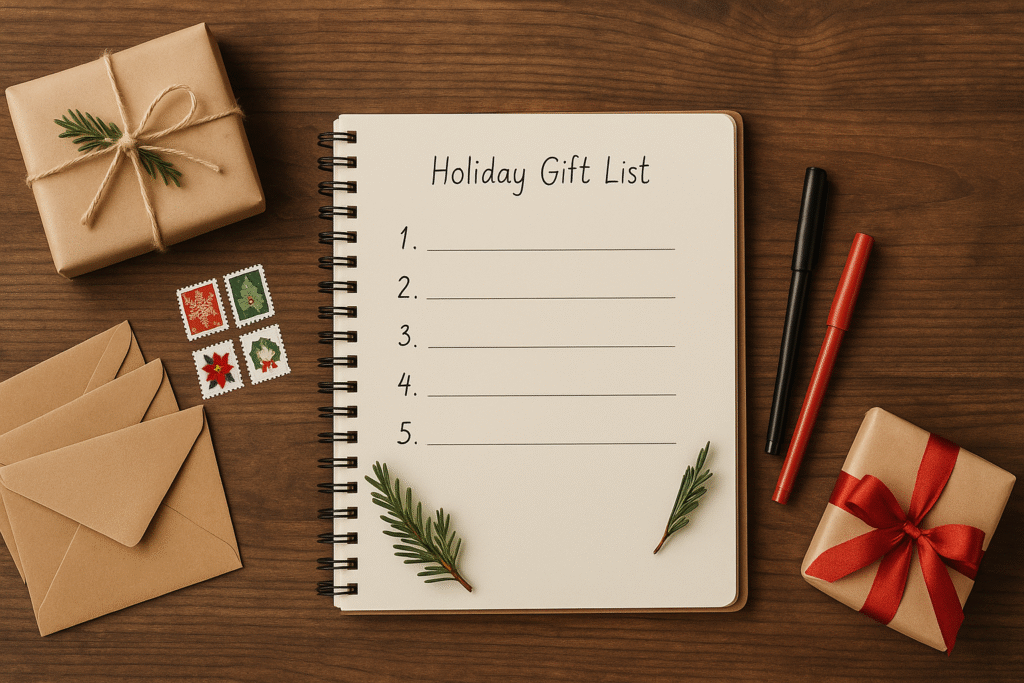 Tracking Gifts and Cards Wooden desk with holiday gift list notebook