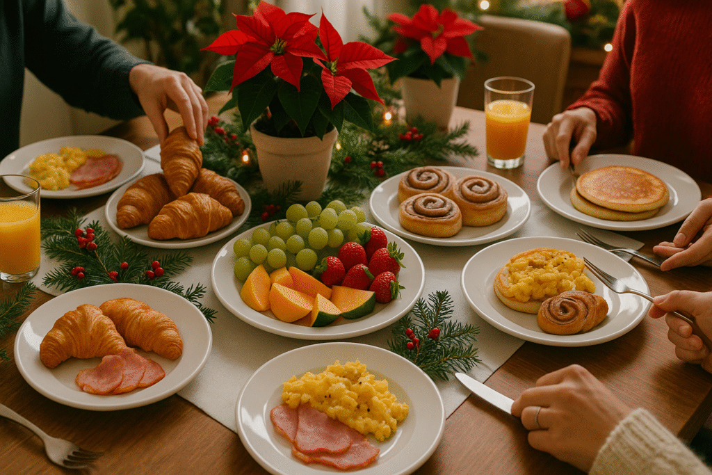 Holiday brunch table with pastries, eggs, fruit, and coffee