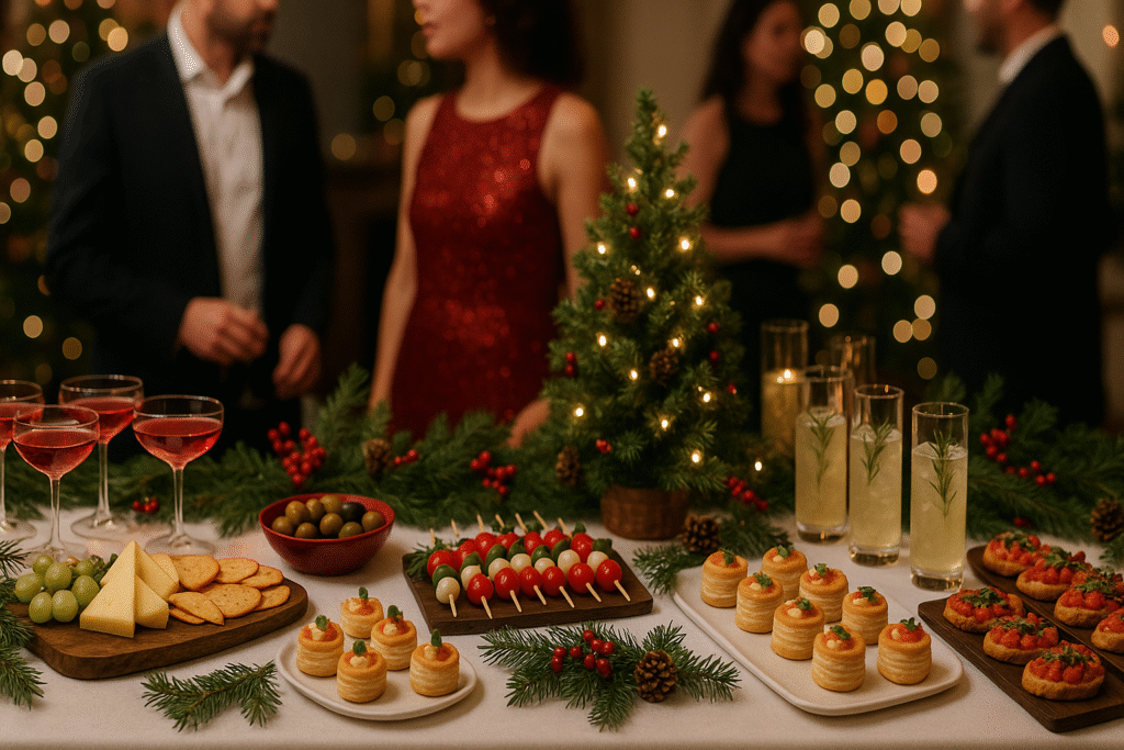 Christmas cocktail party with a decorated buffet table of appetizers and drinks