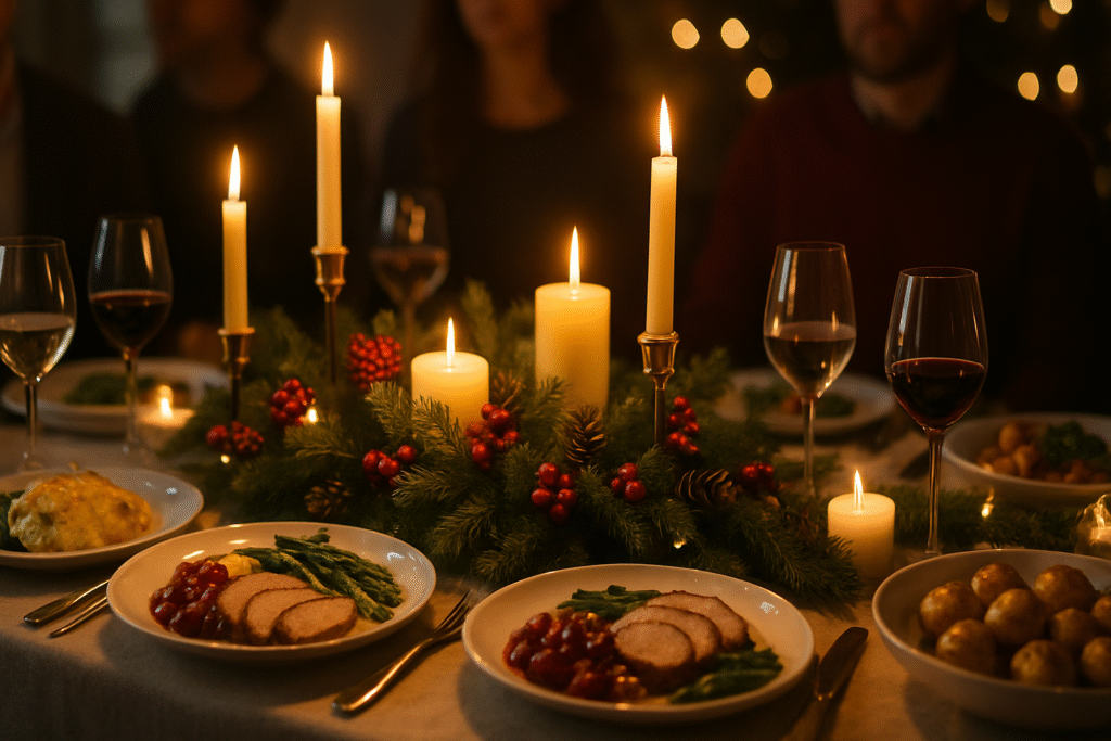Holiday dinner table decorated with candles, greenery, wine glasses, and multiple courses