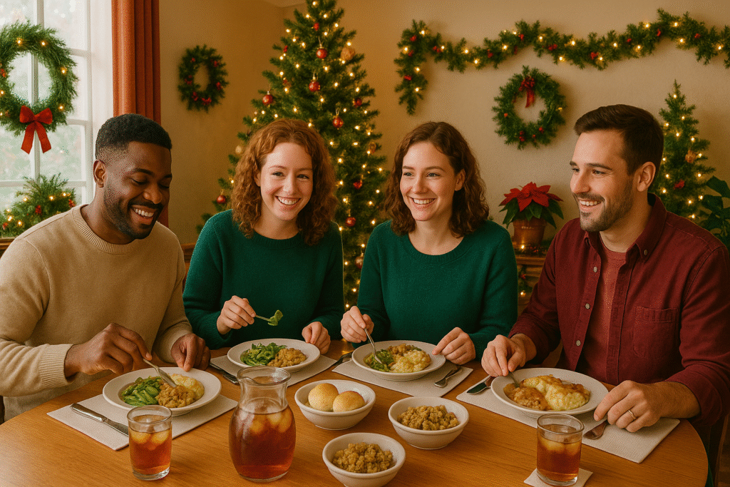 Casual Christmas lunch with comfort foods, sweet tea, and friends gathered at a table in a bright dining space