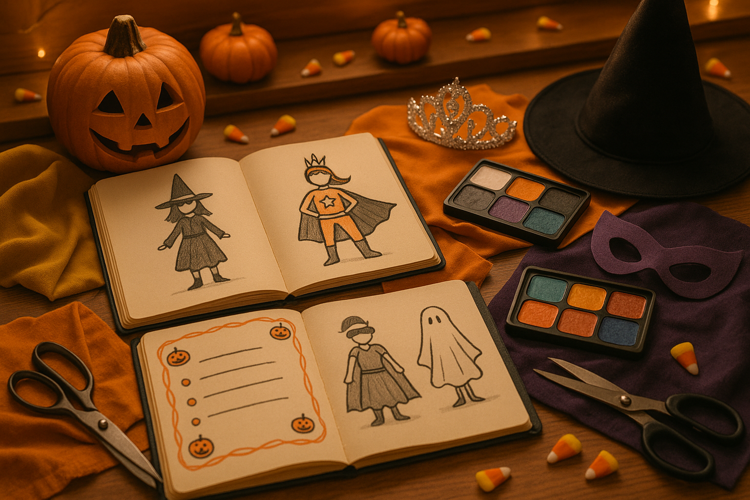 A sketchbook detailing Halloween costumes