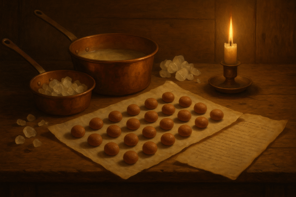 Seventeenth-century kitchen table with copper pans and small sugar-coated candies arranged on parchment.