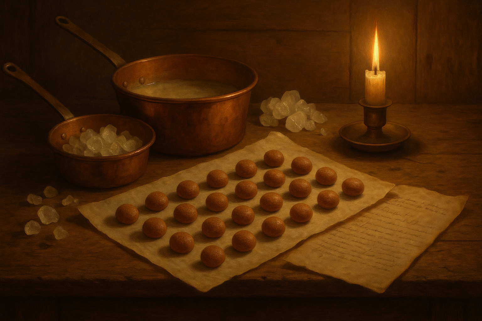 Seventeenth-century kitchen table with copper pans and small sugar-coated candies arranged on parchment.